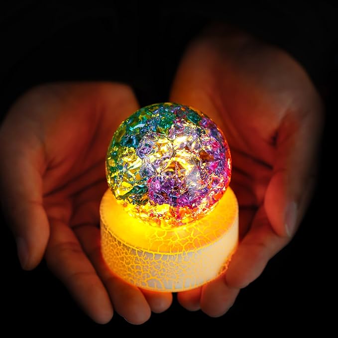 ZEERSHEE 2.3inch Colorful Ice Cracked Crystal Ball with Warm Light Base Glass Decorative Ball Paperweight Home Decor Fengshui Accessories Ornament