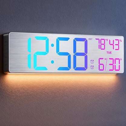 MASHI 18.5" Large Digital Wall Clock with Remote Control, Dual Alarm with Big LED Screen Dispaly,10 Adjustable Brightness, DST, Date Week,Temp for Living Room, Bedroom, Gift for Elderly (Silver)