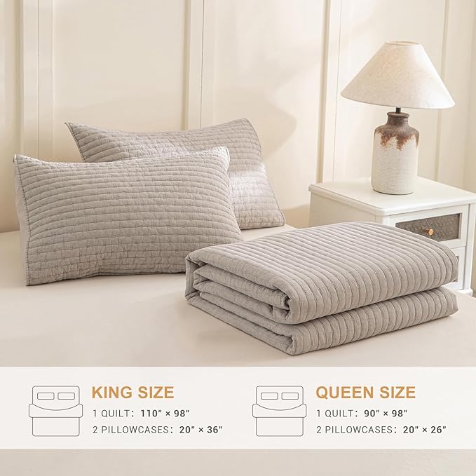 Sanracie Cotton Quilt Set King Size(110"x98"), Linen Colored Ultra Soft Stonewashed Crinkle Quilt Bedspread Set 3Pcs Cross Stitch Pattern Lightweight Breathable Bed Coverlet Set for All Season