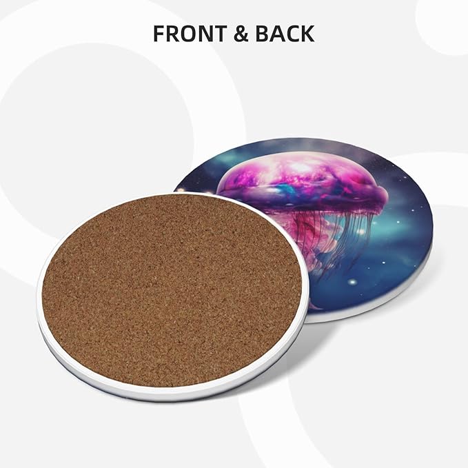 6 Pcs Ceramic Coasters with Holder Absorbent Drink Round Galaxy Gellyfish Design for Home Table Coffee Cup Wine Beer Bar,Size 4.4 inches