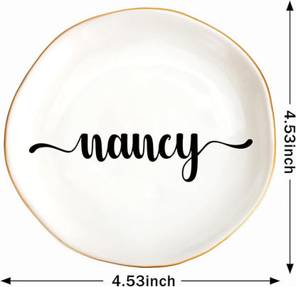 JoycuFF Nancy Personalized Name Ceramic Jewelry Tray, Mothers Day Christmas Anniversary Engagement Birthday Gifts for Women Couples, Trinket Dish for Rings Earrings Necklaces Bracelets Keys
