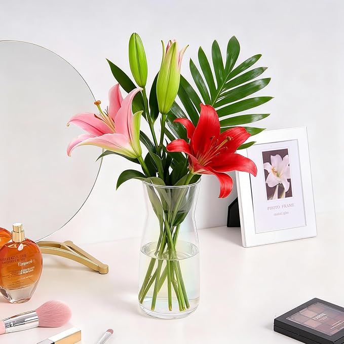 Modern Clear Glass Vase for Centerpiece Table Home Indoor Desk Decor, Decorative Flower Vases for Wedding Reception, Home Decor, Housewarming Gift (Iridescent)