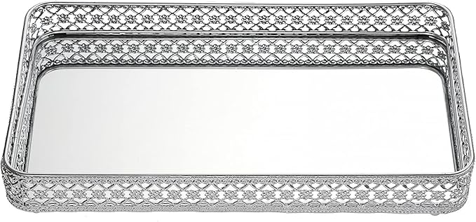 ELLDOO Perfume & Makeup Mirror Tray - Silver Metal Organizer for Dresser & Bathroom Countertop, Hollow-Carved Design Jewelry Storage Large Size 13.8" x 7.9"