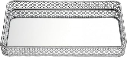 ELLDOO Perfume & Makeup Mirror Tray - Silver Metal Organizer for Dresser & Bathroom Countertop, Hollow-Carved Design Jewelry Storage Large Size 13.8" x 7.9"