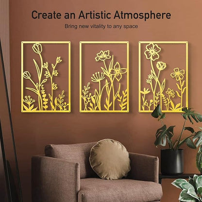 Sokurdeg Gold Metal Flowers Wall Decor, Minimalist Floral Metal Wall Hanging Art for Bedroom Bathroom Living Room (4 Pcs, 12 x 17 in)