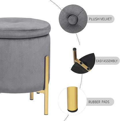 Adeco Upholstered Tufted Round Storage Ottomans, Grey Modern Velvet Footrest Ottomans with Storage for Couch