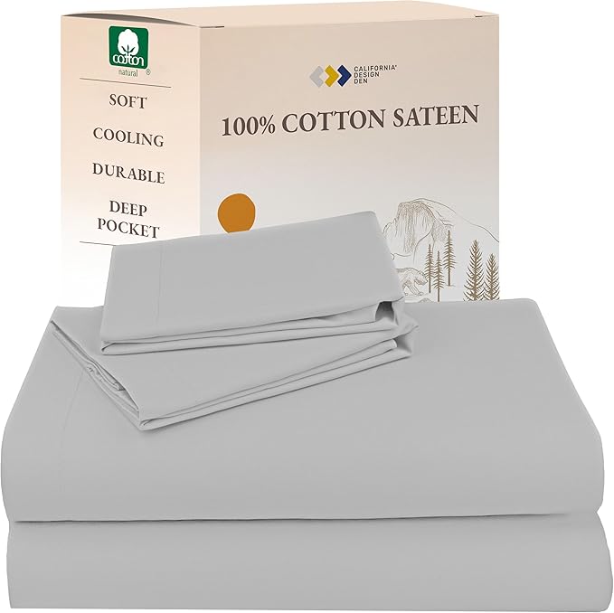 California Design Den King Size Sheets Set - Natural 100% Cotton Sheets King Size with Deep Pockets, Soft Sateen Weave, Breathable and Durable Bedding Set (Light Grey)