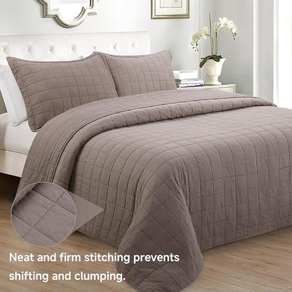 Quilt King Size Bedding Sets - 100% Cotton Lightweight Luxury Comforter Set, Oversized Stitching Quilted Bedspread Coverlet Sets with 2 Pillowcase Suitable for All Season, Brown