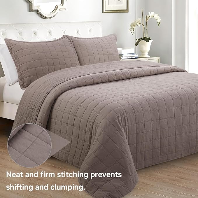 Quilt Queen Size Bedding Sets - 100% Cotton Lightweight Luxury Comforter Set, Full Size Stitching Bedspreads Coverlet with 2 Pillowcase Suit for All Season, Brown
