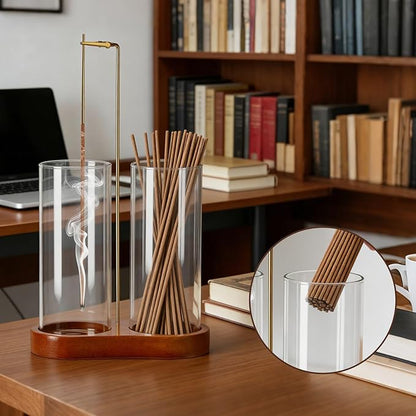 Incense Holder with 2 High Glass Bottle,Wooden Base Incense Stick Holder for Desktop,Incense Burner for Ash Collection,Ash Container