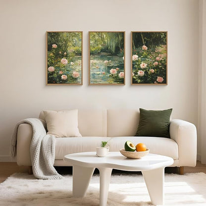 Watercolor Flower Tree Framed Canvas Wall Art Set,Natural White Pink Rose Wildflower Wall Decor,Vintage Dark Green Botanical Artwork for Living Room, Bedroom,Farmhouse- 16"x24"x3