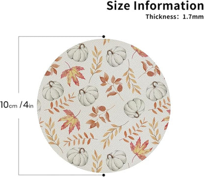 Fall Pumpkin and Leaves Coaster Set of 4 Autumn Cup Coasters for Drinks Thanksgiving Waterproof Wipeable PVC Round Coasters Mat for Coffee Beer Wine Outdoor Patio Table Bar Desk Seasonal Desk Decor