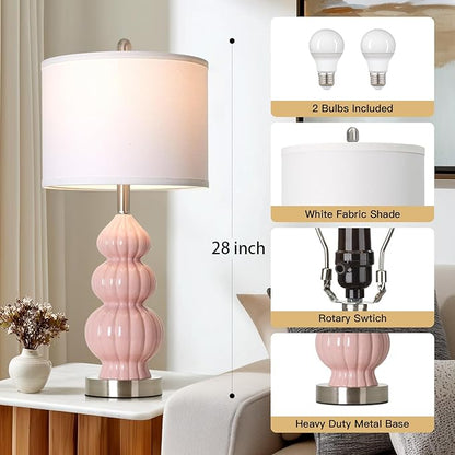 26.5" Pink Ceramic Table Lamps Set of 2, Modern Bedside Lamps for Girls Room, Triple Gourd Table Lamp for Living Room End Table or Bedroom Nightstand (2 LED Bulbs Included)