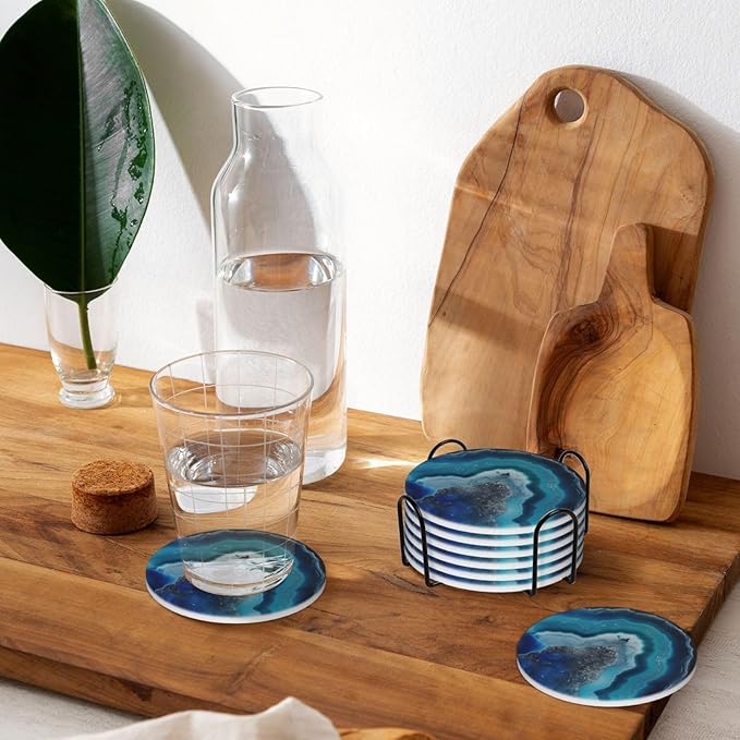 6 Pcs Ceramic Coasters with Holder Absorbent Drink Round Silver and Blue Agate Geode Print Design for Home Table Coffee Cup Wine Beer Bar,Size 4.4 inches
