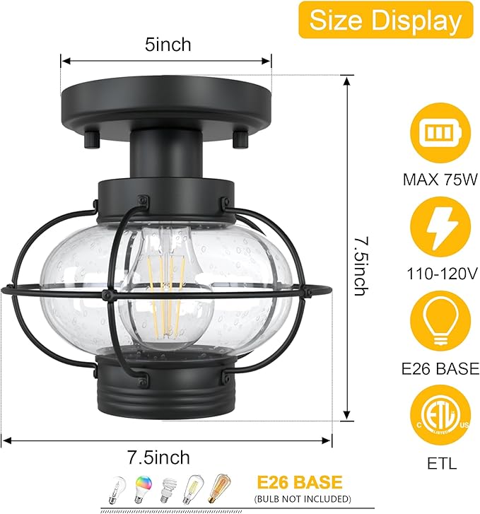 Porch Ceiling Light Fixture, Outdoor Flush Mount Ceiling Light with Glass Globe Shade, E26 Standard Base Industrial Farmhouse Lamp for Hallway Bedroom Balcony Porch Stairway