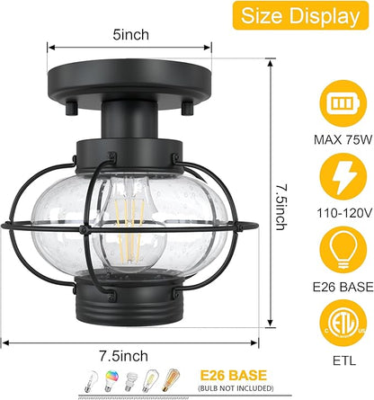 Porch Ceiling Light Fixture, Outdoor Flush Mount Ceiling Light with Glass Globe Shade, E26 Standard Base Industrial Farmhouse Lamp for Hallway Bedroom Balcony Porch Stairway