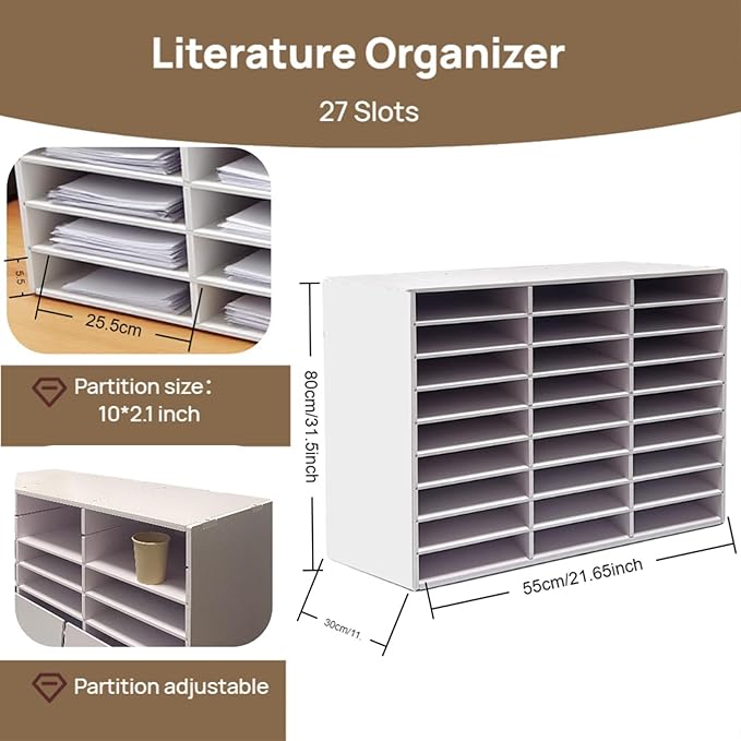 Literature Organizer - 27-Slot Desktop File Sorter Mail Center, Paper Storage Cabinet & Classroom Mailbox for Home, School & Office