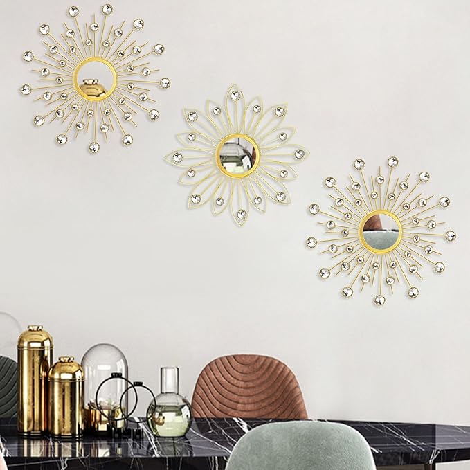Uaussi 3 Pack Crystal Sunburst Wall Mirror Décor Rhinestone Mirrors Decorative Home Wall Art for Living Room Bedroom Entryway(Flower+Sunburst Gold)