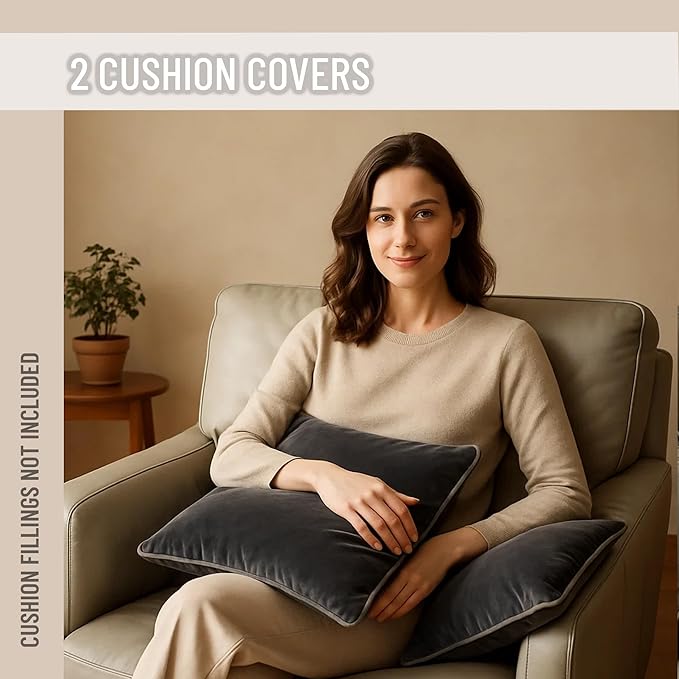 2 Pack Velvet Decorative Throw Pillow Covers, 20"x20", Deep Grey, Solid, Modern, Contrast Piping, Indoor Use, Bedroom & Living Room