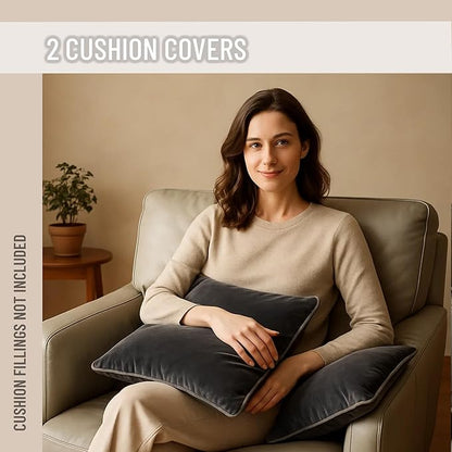 2 Pack Velvet Decorative Throw Pillow Covers, 18"x18", Deep Grey, Solid, Modern, Contrast Piping, Indoor Use, Bedroom & Living Room