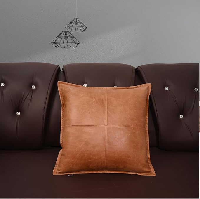 D DOLLY LAMB Lambskin Leather Pillow Cover - Sofa Cushion Case - Decorative Throw Covers for Living Room & Bedroom, 18x18 Inches - Antique Brown Box Pack of 2