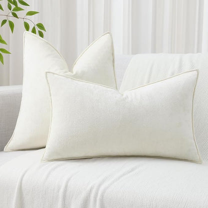 decorUhome Spring Couch Euro Sham Throw Pillow Covers 22x22 Set of 2, Decorative Soft Velvet Neutral Chenille Pillow Covers with Elegant Design for Sofa Bed Living Room Home Decor, Cream White