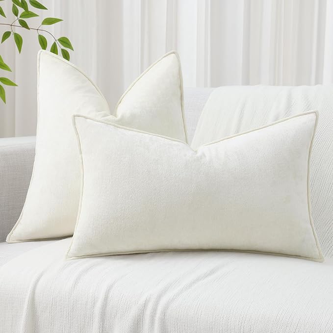 decorUhome Spring Couch Throw Pillow Covers 20x20 Set of 2, Decorative Soft Velvet Neutral Chenille Pillow Covers with Elegant Design for Sofa Bed Living Room Home Decor, Cream White