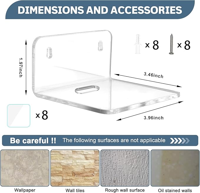 Acrylic Small Shelf,Mini Floating Wall Shelf,Wall Mounted Storage Shelf,for Pop Figures,Plant,Picture Photo Modern Wall for Office Bedroom Living Room,Clear