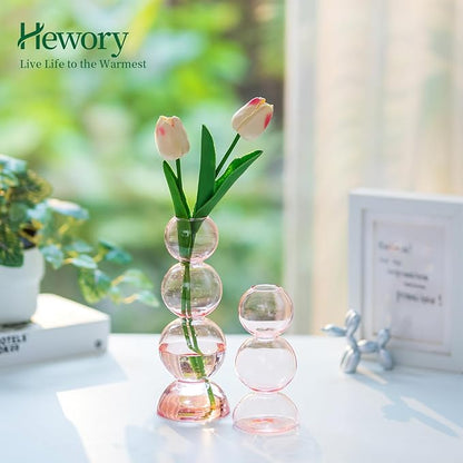 Glass Bubble Vases for Flowers, Hewory 2pcs Pink Unique Cute Single Flower Vase for Centerpieces, Funky Aesthetic Vase Skinny Bud Vase, Cool Groovy Decor for Home Living Room Bedroom Office Tabletop