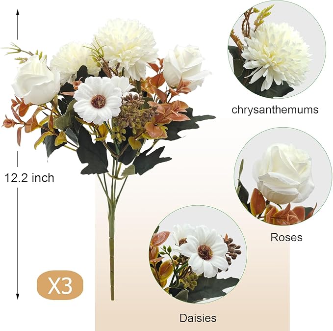 3 Pcs Fall Flowers Artificial Mums Silk Fake Mums Bouquet Faux Floral Arrangements Home Indoor Outdoor Planter Decor Party Wedding Table Autumn Decoration (White)