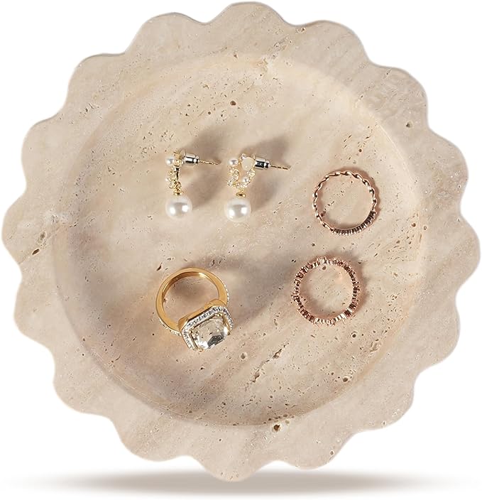 Koville 5.51" Travertine Tray, Round Stone Jewelry Dish for Ring Necklace Earring Perfume, Natural Marble Tray for Countertop Bathroom Kitchen Dresser, Beige Decorative Tray