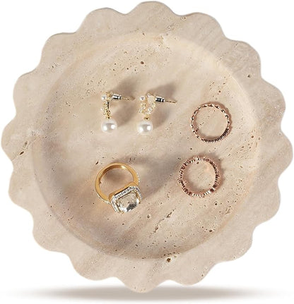 Koville 5.51" Travertine Tray, Round Stone Jewelry Dish for Ring Necklace Earring Perfume, Natural Marble Tray for Countertop Bathroom Kitchen Dresser, Beige Decorative Tray
