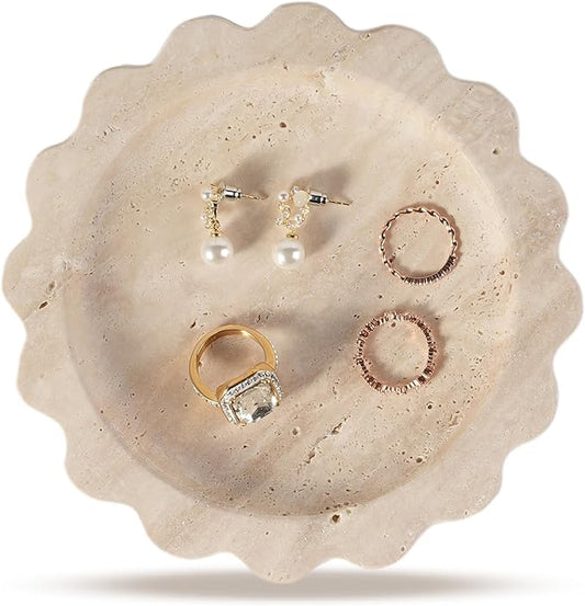 Koville 5.51" Travertine Tray, Round Stone Jewelry Dish for Ring Necklace Earring Perfume, Natural Marble Tray for Countertop Bathroom Kitchen Dresser, Beige Decorative Tray