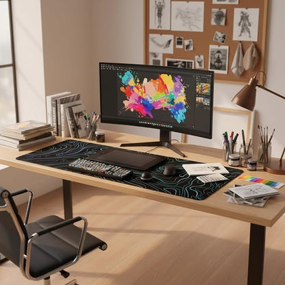 Topographic XXL Mouse Pad (47.2x23.6 Inch), Giant Gaming Desk Mat with Stitched Edges, Waterproof Non-Slip Full Desk Pad, Aesthetic Blue Line Art Decor