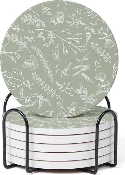 Set of 6 Floral Sage Green Coasters with Holder, Absorbent Ceramic Drink Coasters with Cork Backing for Table Protection, Coffee Table Décor