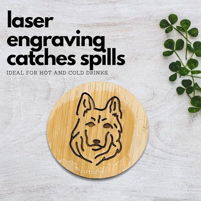 Set of 6 Bamboo Laser-Engraved Fun Dog Coasters with Iron Holder - Gift Packaging 3.9 Inch Non-Stick Absorbent Durable and Unbreakable Wooden Cup Coasters for Dog Lovers (German Shepherd)