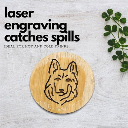 Set of 6 Bamboo Laser-Engraved Fun Dog Coasters with Iron Holder - Gift Packaging 3.9 Inch Non-Stick Absorbent Durable and Unbreakable Wooden Cup Coasters for Dog Lovers (German Shepherd)