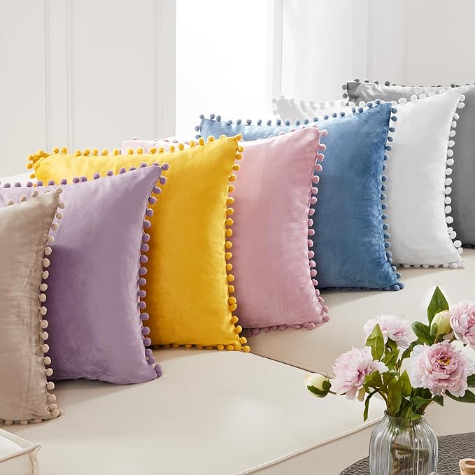 Deconovo Velvet Throw Pillow Covers, Set of 2, Decorative Pom-poms Soft with Invisible Zipper Cover for Sofa,Yellow,22x22 Inch
