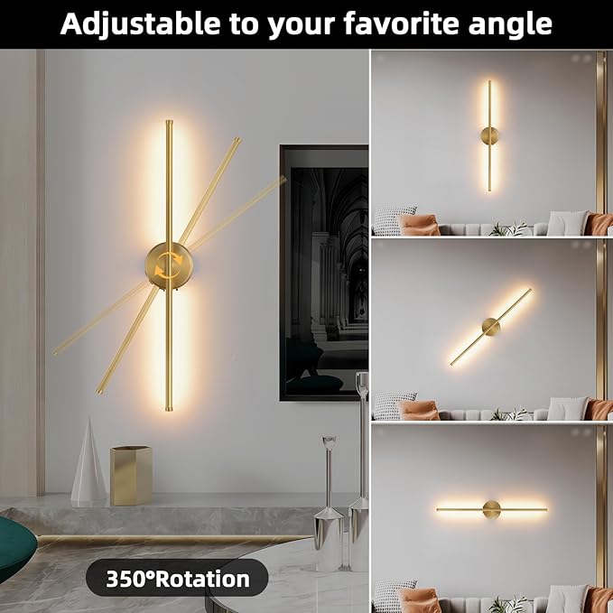 Wall Sconces Battery Operated Set of Two, Gold LED Wireless Wall Sconce with Remote Control 350° Rotate, 27.6 Inch Dimmable USB Rechargeable Wall Lights for Living Room Bedroom Hallway