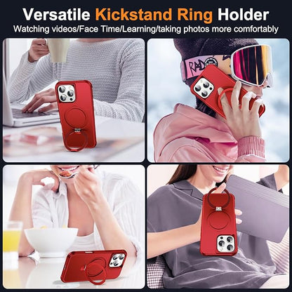 Compatible with iPhone 16 Pro Case with Invisible Magnetic O-Ring Stand Military-Grade Case for iPhone 16 Pro 6.3" [Compatible with Mag-Safe][Great Grip Feeling], Red
