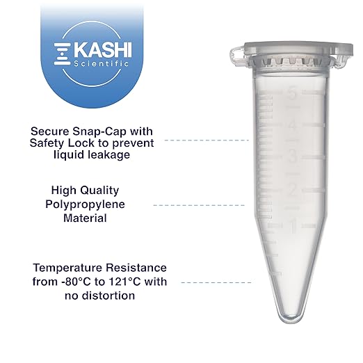 Kashi Scientific 5mL Clear Flip Cap Centrifuge Tube with Safety Lock Cap, Graduation and Marking Spot, Lab-Grade Polypropylene Plastic [5mL, 300]