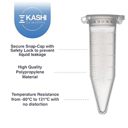 Kashi Scientific 5mL Clear Flip Cap Centrifuge Tube with Safety Lock Cap, Graduation and Marking Spot, Lab-Grade Polypropylene Plastic [5mL, 300]