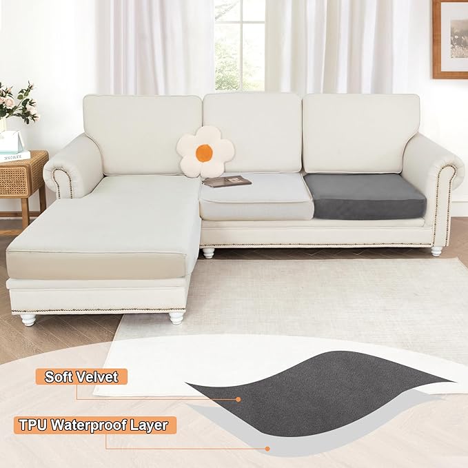 NAISI Waterproof Couch Cushion Covers Thick Velvet Fabric Washable Sofa Slipcovers 1 Piece Individual Sectional Couch Covers with Elastic Bottom(1 PC for Seat Cushion or Backrest,Grey)