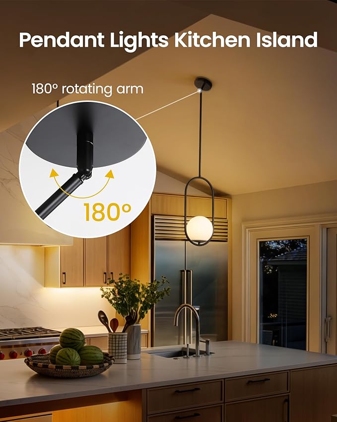 Yunnix Globe Pendant Lights Kitchen Island, 2 Pack Mid Century Modern Pendant Lights Milk Glass Hanging Light Fixture Black Chandelier for Bedroom Dining Room (Bulb Not Included)