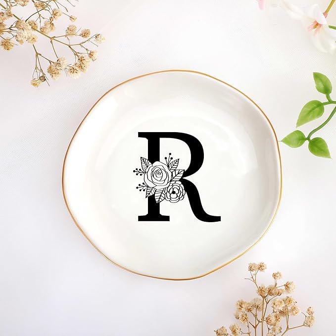JoycuFF Initial R Ceramic Jewelry Tray, Bridesmaid Bride Gifts, Mothers Day Christmas Anniversary Engagement Birthday Gifts for Women Couples, Trinket Dish for Rings Earrings Necklaces Bracelets Keys