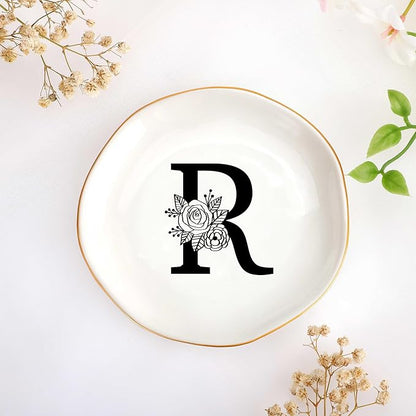 JoycuFF Initial R Ceramic Jewelry Tray, Bridesmaid Bride Gifts, Mothers Day Christmas Anniversary Engagement Birthday Gifts for Women Couples, Trinket Dish for Rings Earrings Necklaces Bracelets Keys