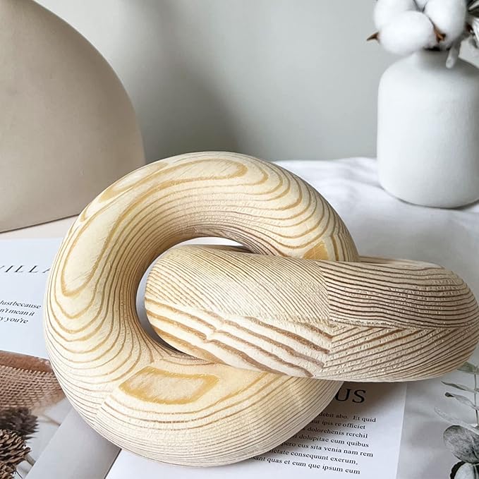 Double Ring Chain Link Decor - 2-Link Wood Knot, Hand Carved Pine Boho Bead, Suitable for Bedroom, Living Room, Coffee Shop Decoration (Wood Color)