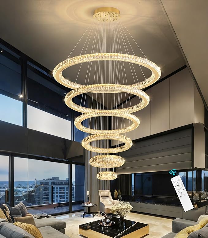 Modern Chandelier 8"+16"+24"+32"+40"+47" 6 Rings Crystal LED Dimmable Lighting Foyer Entryway High Ceiling Living Room Chanderliers Pendant Lights Fixtures Gold Light