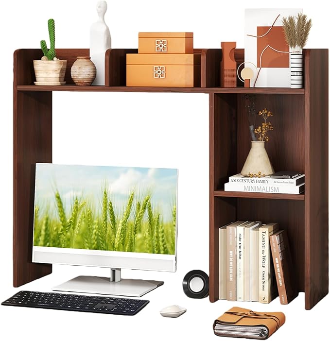 Desktop Bookshelf, 3-Tier Wood Countertop Bookcase with 5 Shelves, Desk Hutch for College Dorm, Multipurpose Desk Organizer Shelf Display Rack for Home Office, Hutch Top Only