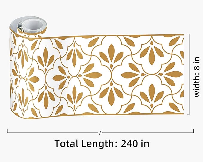 FLFK Wallpaper Border Gold and White Patterns Peel and Stick Wall Border Self Adhesive Wallpapers for Living Room Bedroom Kitchen Bathroom 8"x240"